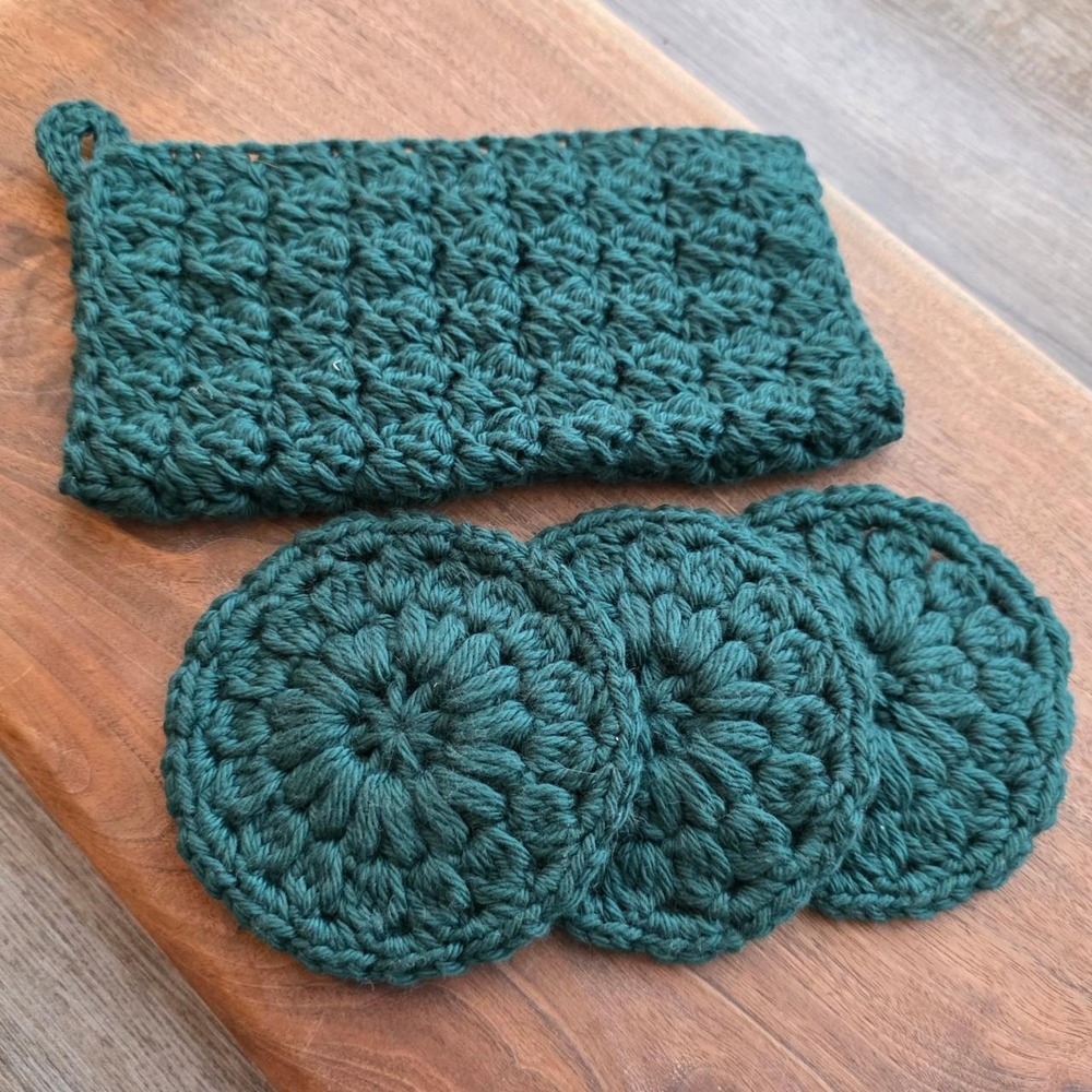 Handmade Forest Green Crochet Face Scrubbies Coasters & Washcloth Set 4pc Cotton